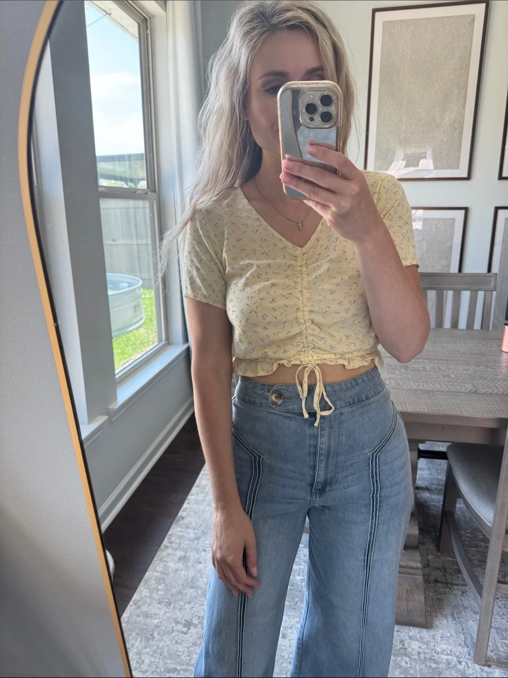 Ruched V-Neck Cropped Top in Light Butter Yellow with Subtle Tiny Purple Florals - Picture 7 of 14